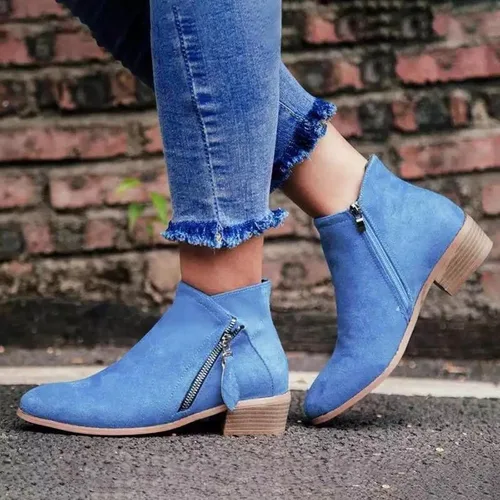 Vista 5 de Botas para mujer, botines de tobillo 2022, a la moda, de otoño, con cremallera lateral, punta puntiaguda, bloque grueso, tacón medio, liso, casual