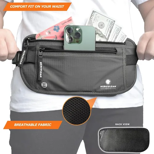 Vista 5 de HERCULEAN - Cinturón de viaje para dinero, delgado soporte para pasaporte, bolsa de viaje con bloqueo RFID para proteger el efectivo, tarjetas