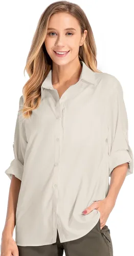 Vista 11 de Camisas de manga larga con protección solar UPF 50 para mujer, de secado rápido, para pesca al aire libre, senderismo, viajes 5019 Azul