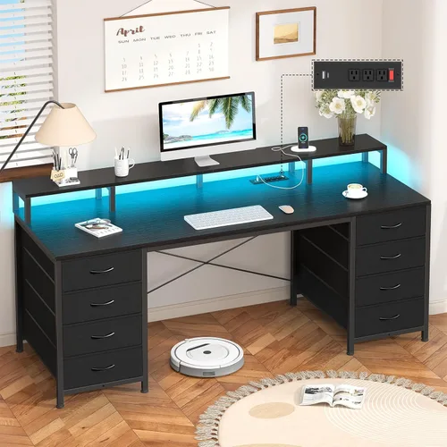 Vista 19 de YOMILUVE Escritorio para computadora de 50 pulgadas con 8 cajones, escritorio para oficina en casa con tomas de corriente, escritorio de trabajo