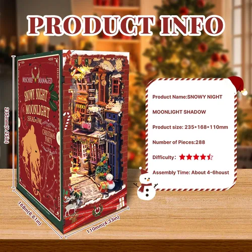 Vista 3 de Rincón de Navidad para Libros, Kit de Casa de Muñecas DIY para Adultos, Estantería con Luces LED, Rompecabezas 3D de Madera, Kits de Miniaturas