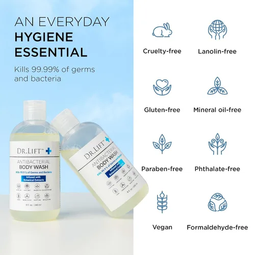 Vista 3 de DR. LIFT Gel de ducha antibacteriano, 8 onzas, suave y eficaz, fabricado en Estados Unidos Aroma refrescante, ácido cítrico, fórmula hidratante