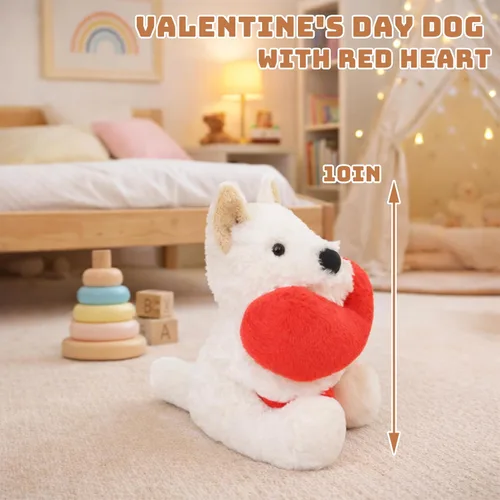 Vista 7 de Juguete de peluche suave de 10 pulgadas para el día de San Valentín, West Highland con corazón rojo, bonito regalo romántico para novia, esposa