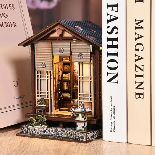 Vista 2 de Kit de rincón de libro, casa de muñecas japonesa, biblioteca, biblioteca de biblioteca, estantería de casa pequeña, rompecabezas de madera 3D, kit