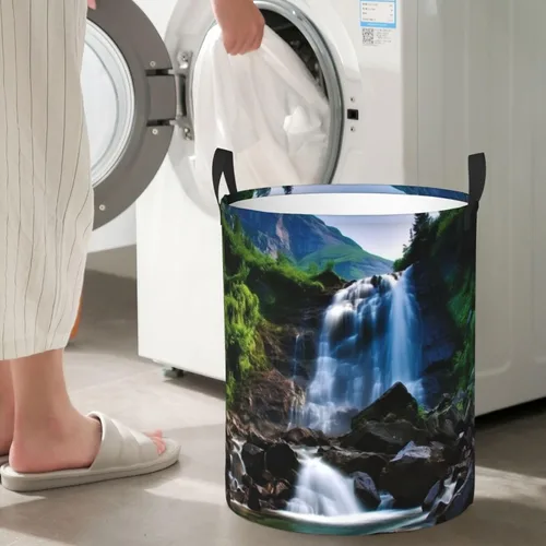 Vista 7 de Scenic mountain waterfall print Circular Hamper Waterproof Storage Bin Organizer Basket Laundry Hamper With Handles For Clothes Toys Small