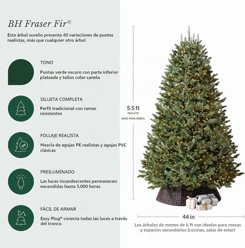 Vista 3 de Balsam Hill BH Fraser Fir - Full Christmas Tree with Most Realistic True Needle Foliage, Easy Plug Technology & Multiple Height and Lighting