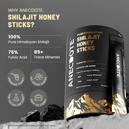 Vista 3 de ANECDOTE Palillos de Miel de Shilajit del Himalaya con Miel Orgánica y Azafrán Aumenta la Estamina Apoya la Inmunidad 75% Ácido Fúlvico, 85+