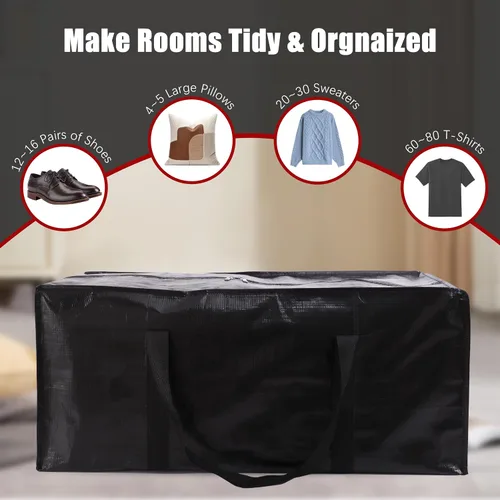 Vista 4 de PANDA JOYS Bolsas de mudanza extra grandes con cremalleras y asas de transporte, bolsa de almacenamiento resistente para ahorrar espacio, Negro