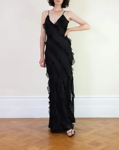Vista 2 de Vestido de malla transparente con flecos florales 3D para mujer, vestido de malla transparente Y2K con hombros descubiertos, vestido tubo sexy