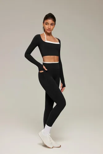 Vista 2 de SUUKSESS Conjuntos de entrenamiento en capas para mujer con bolsillos Negro