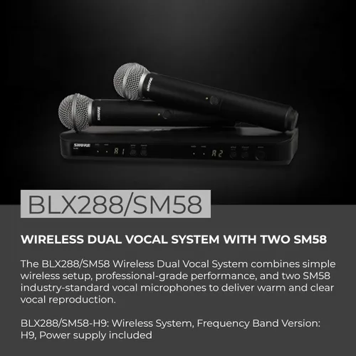 Vista 2 de Sistema de micrófono inalámbrico Shure BLX288/SM58 - Vida de batería de 14 horas, rango de 300 pies, UHF Incluye (2) micrófonos vocales de mano