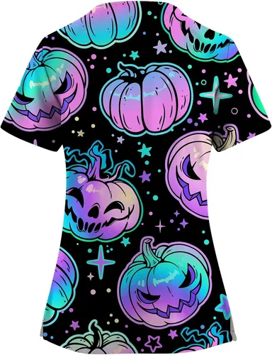 Vista 2 de HTHLVMD Uniformes de trabajo con bolsillos para mujer, talla grande, con cuello en V, manga corta, estampado de Halloween