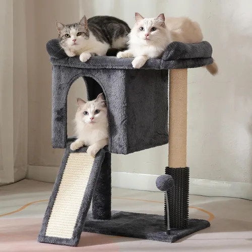 Vista 8 de Torre de árbol pequeño para gatos grandes con cama superior espaciosa de 20 x 13.8 pulgadas, condominio privado para gatos, poste rascador de sisal