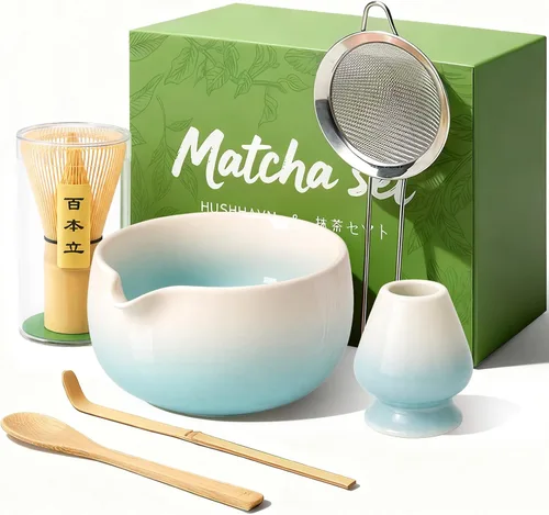 Vista 15 de Juego de batidor Matcha con cuenco de cerámica y cazador de bambú hoja azul
