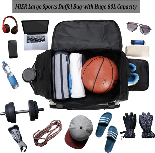 Vista 2 de MIER Bolsa de lona grande para hombre, bolsa de gimnasio con compartimento para zapatos, 60L