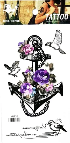 Vista 2 de Tatuajes de 2 hojas de hermosas flores de rosa morada, ancla de paloma, tatuajes temporales, calcomanías de tatuajes falsos para cuerpo, brazo