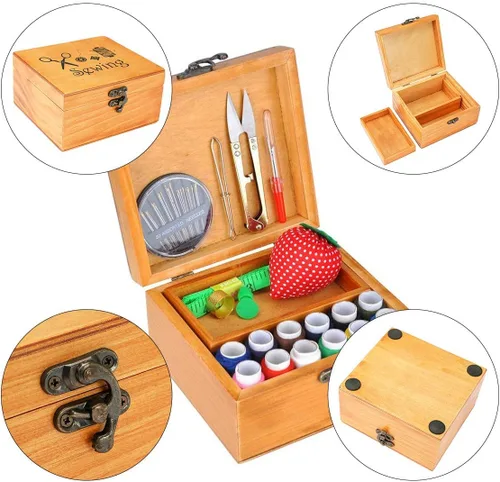 Vista 6 de Kit de costura, caja de madera para adultos, cesta de costura de madera con accesorios, kit de reparación de costura para principiantes, mujeres