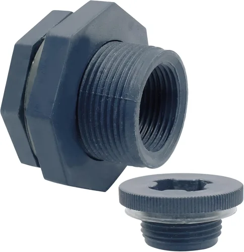 Vista 2 de 1" PVC Bulkhead Fitting con enchufes NPT1 rosca hembra conector tanque de agua para barriles de lluvia, acuarios y estanques