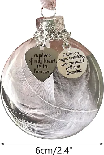 Vista 4 de Adorno conmemorativo de Navidad transparente, bola de plumas, A Piece of My Heart is in Heaven, colgante colgante conmemorativo para árbol
