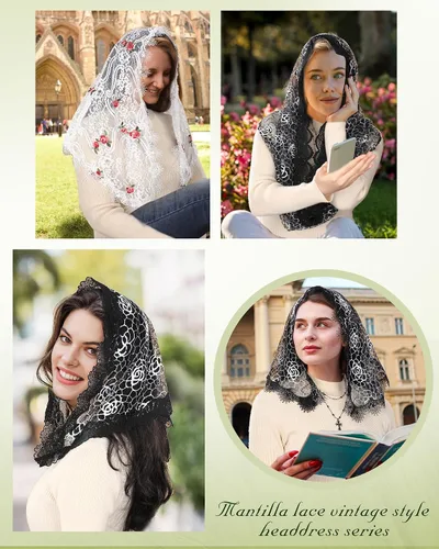 Vista 7 de Mantveil Velos de Iglesia Católica para Mujeres Vintage Negro Blanco Rosa Floral Encaje Mantilla Capilla Velo Latino Mass Head Coverings