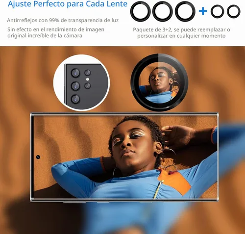 Vista 5 de Protector de lente de cámara para Samsung Galaxy S22 Ultra, protectores de lente individuales con marco de alineación, funda protectora de pantalla