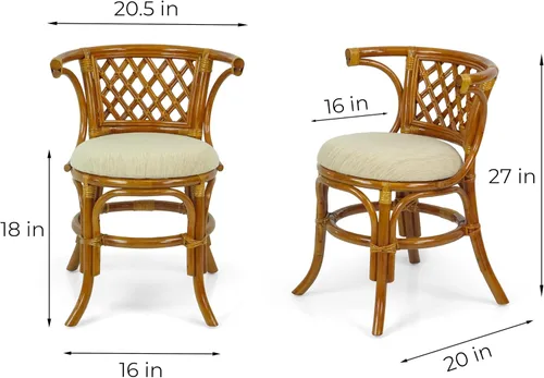 Vista 4 de Borneo - Juego de mesa de comedor compacto con tapa de cristal + 2 sillas, muebles coloniales hechos a mano de mimbre natural