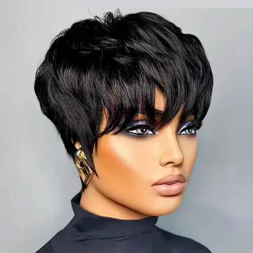 Vista 3 de YOUKNOWIG Peluca corta de corte Pixie en capas, pelucas de cabello humano sin pegamento con corte Pixie para mujeres negras, hechas a máquina, sin