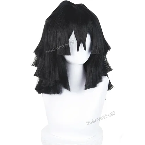 Vista 3 de Obanai - Peluca corta para cosplay, pelucas de guerrero anime de demonio Negro Obanai