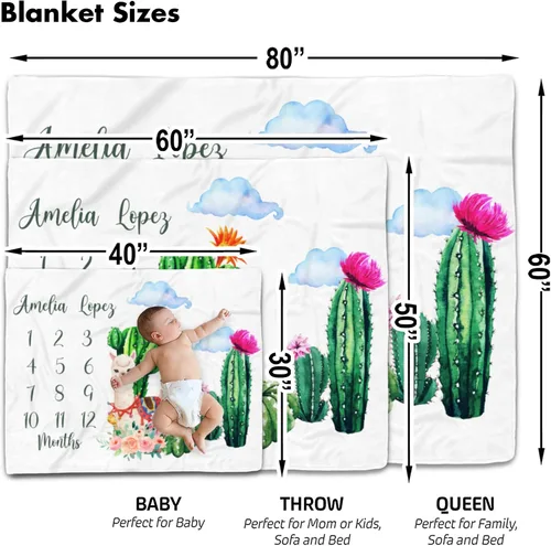 Vista 2 de Manta de bebé de alpaca personalizada, manta de bebé con nombre personalizado, decoración de guardería de cactus, recién nacido, regalos