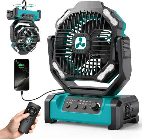 Vista 8 de ONLYNEW Ventilador portátil recargable de 20000 mAh, ventilador alimentado por batería inalámbrica con linterna LED, USB C operado por batería