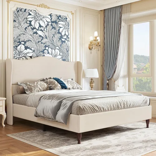 Vista 3 de koorlian Marco de Cama Tamaño Completo Cama Plataforma Tapizada con Cabecera Alta de 51" Wingback, Tela Suave, Estilo Retro Simple Cama Plataforma
