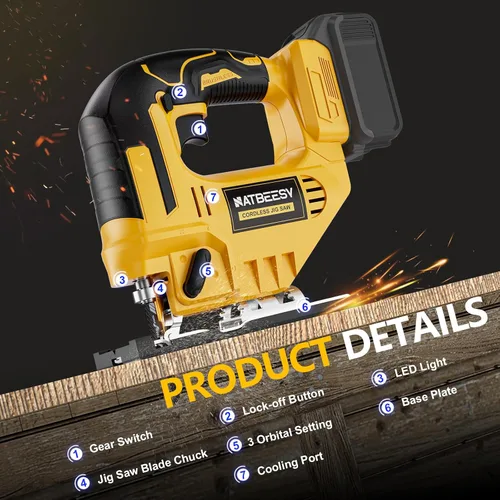 Vista 2 de Sierra caladora compatible con batería Dewalt de 20V Max, herramienta de sierra caladora inalámbrica sin escobillas NATBEESY, luz de trabajo LED
