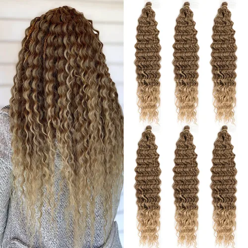Vista 27 de Extensiones de cabello ondulado con ganchillo Ocean Wave de 18 pulgadas, 6 paquetes, extensiones de cabello de ganchillo sueltas de onda profunda #1B