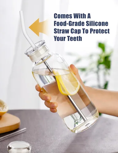 Vista 6 de NiHome - Botella de agua de vidrio de 25 onzas / 25.4 fl oz con pajitas de metal, 2 tapas, transparente High Borosilicate Glass Water Bottle with