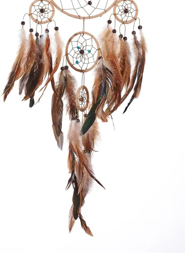 Vista 4 de Atrapasueños marrones, plumas de gallo con multianillo, hecho a mano, gran atrapasueños para dormitorio, atrapasueños para niñas, atrapasueños