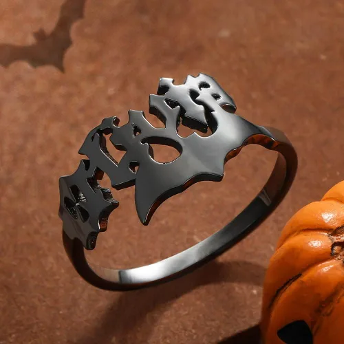 Vista 5 de AILIN Anillos personalizados con nombre para mujer, anillos de Halloween personalizados con nombre de murciélagocalabazafantasmasombrero