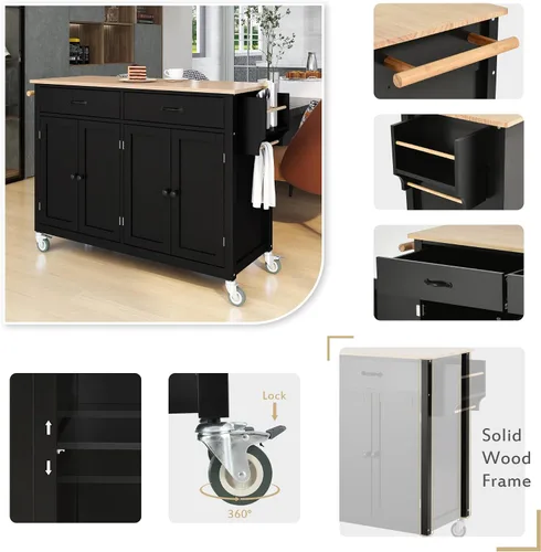 Vista 4 de Isla de cocina con ruedas con escritorio de madera maciza, mesa de isla de cocina con 2 cajones, carrito de isla de cocina con armario
