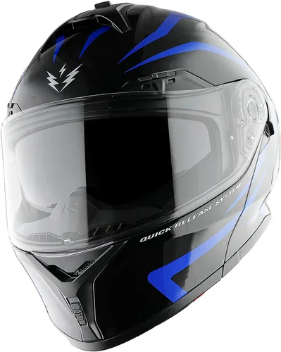 Vista 3 de 1Storm Nuevo Casco Modular de Motocicleta con Visera Dual, Protección Solar Completa y Luz Trasera LED Recargable: LED-X90 Flecha Azul