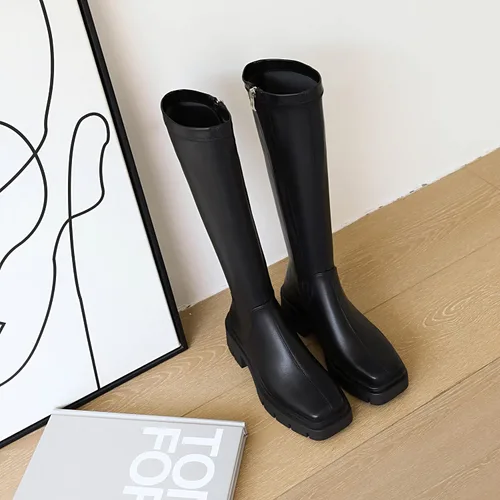 Vista 3 de vivianly Women's Chunky Heel Knee high Boots Zipper Square Toe Platform Booties