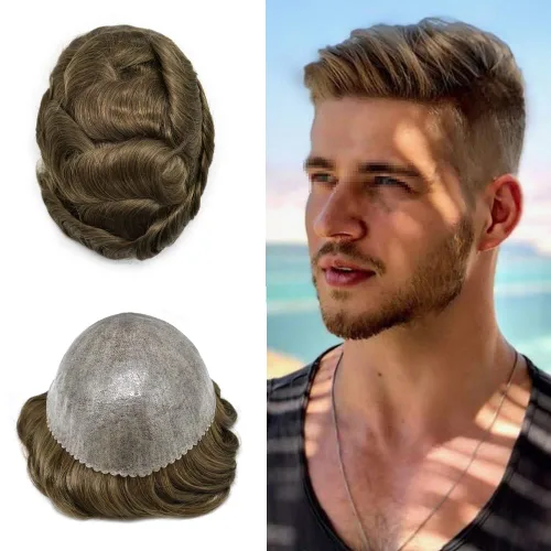 Vista 21 de Toupee - Sistema de reemplazo de cabello humano europeo completo para hombre, 0.004 in, inyección de poliuretano natural para hombres, sistema