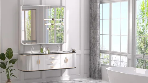 Vista 90 de TETOTE Espejo de marco dorado cepillado de 16 x 24 pulgadas, espejo de tocador de baño de latón dorado para pared, espejo enmarcado rectangular