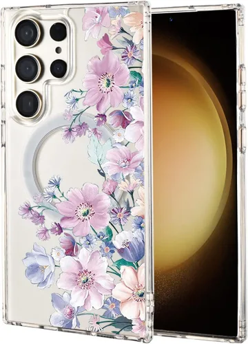 Vista 46 de Funda magnética para Samsung Galaxy S22 Ultra Flower, compatible con MagSafe, patrón floral transparente a prueba de golpes, parte trasera