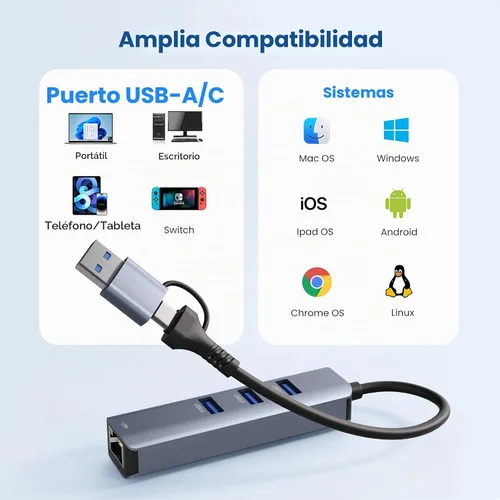 Vista 5 de Adaptador USB a Ethernet, ABLEWE Adaptador de Red USB 3.0/USB C a RJ45 Gigabit LAN (1000Mbps), Compatible con MacBook/Pro/Air, iPhone 15/16 Pro/Max