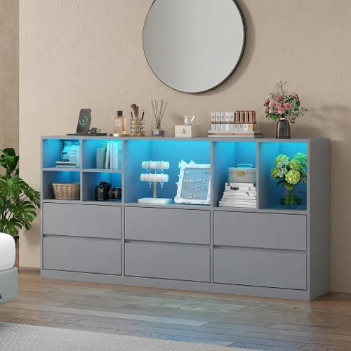 Vista 10 de Gyfimoie Cómoda negra para dormitorio con 6 cajones, cómoda con luces LED y estación de carga, cómoda de 63 pulgadas de largo con 7 cubos abiertos