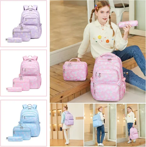 Vista 7 de Juego de 3 mochilas para niñas con bolsa de almuerzo a juego, mochila escolar para niñas