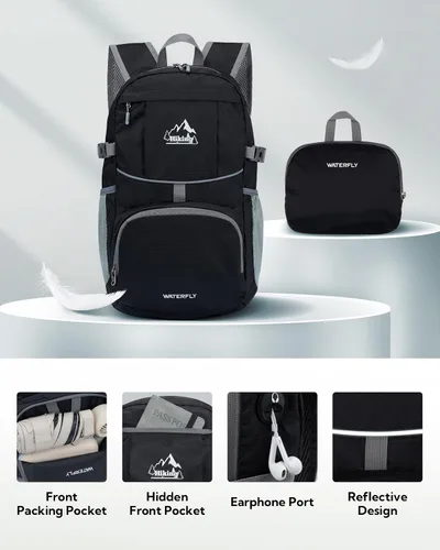 Vista 3 de WATERFLY Mochila de senderismo plegable: mochila de día de 25L ultra ligera para mujer y hombre - pequeña mochila plegable compacta para deportes al
