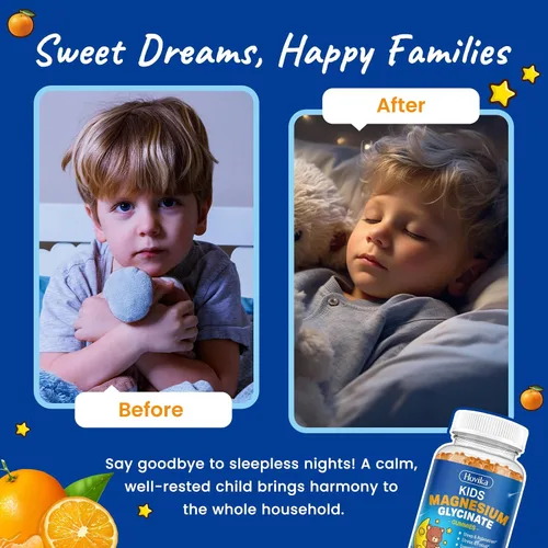 Vista 3 de Gomitas de magnesio para niños, con L-teanina, omega-3, vitamina B6, D3, zinc, gomitas de glicinato de magnesio para niños, para dormir, relajación