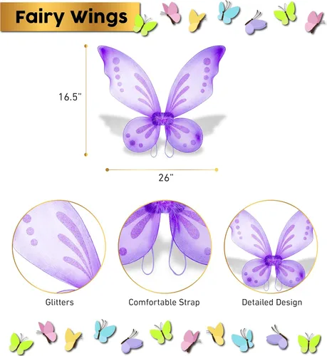 Vista 3 de Butterfly Pixie Fairy Glitter Wings, Lightweight Elastic Straps, Mesh Angel Costume for Party