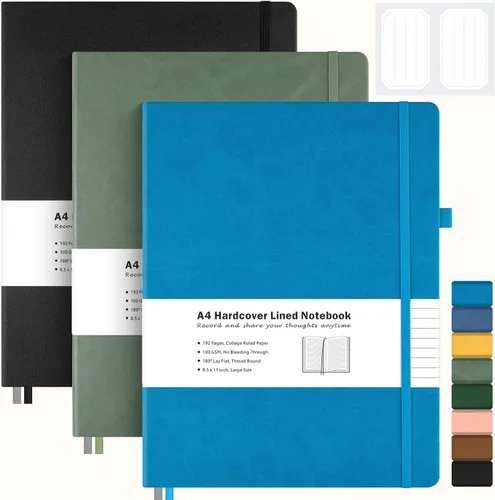 Vista 17 de Paquete de 3 cuadernos con rayas universitarias, cuaderno de cuero de tapa dura A4 para trabajo, cuaderno rayado diario para mujeres, hombres, 192