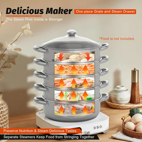 Vista 2 de Vaporizador de acero inoxidable de 5 niveles para cocinar, cajón de vapor multiusos con tapa transparente, utensilios de cocina portátiles, sartenes